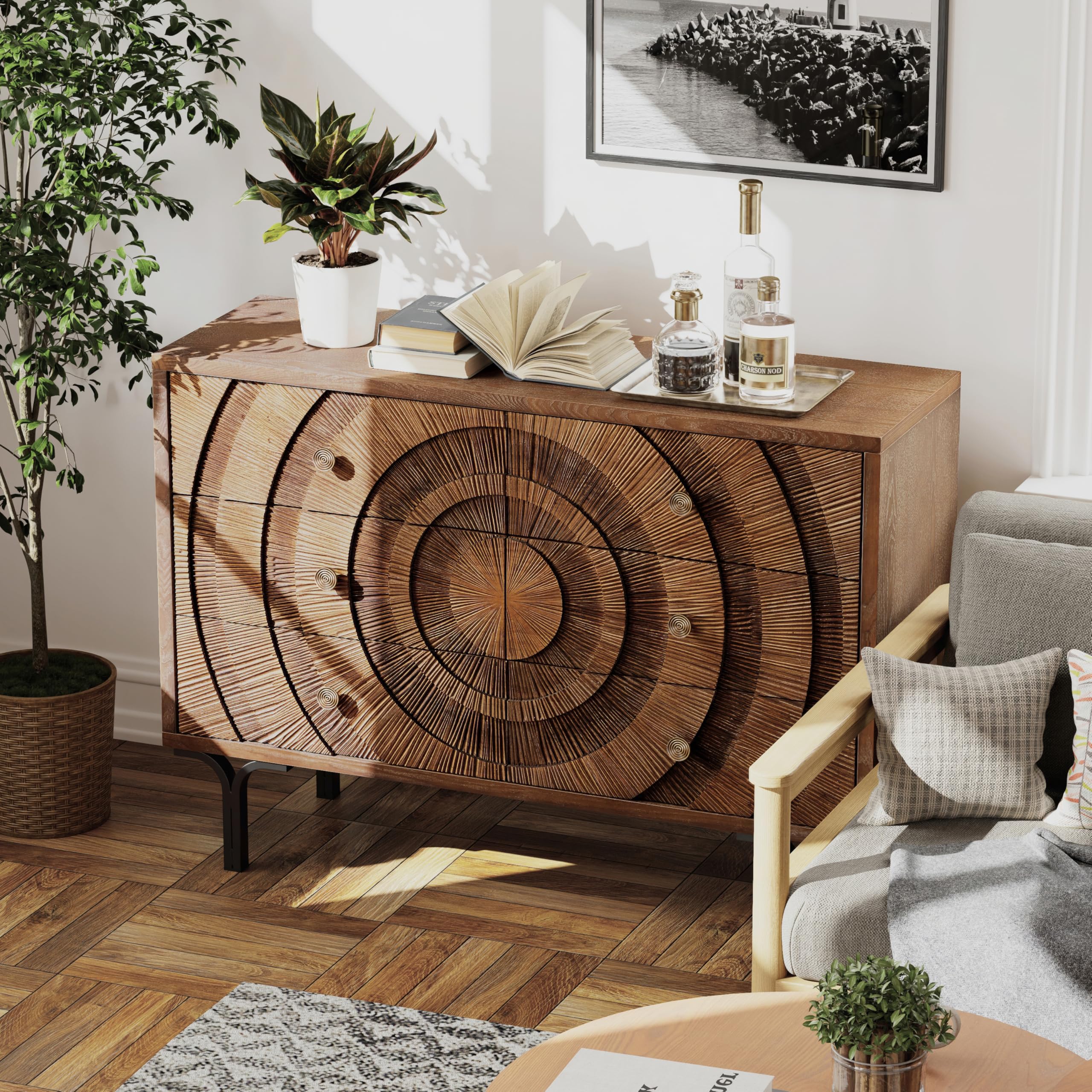 Farmhouse 6-Drawer Dresser, Accent Wooden Chest of Drawers with Circle Pattern