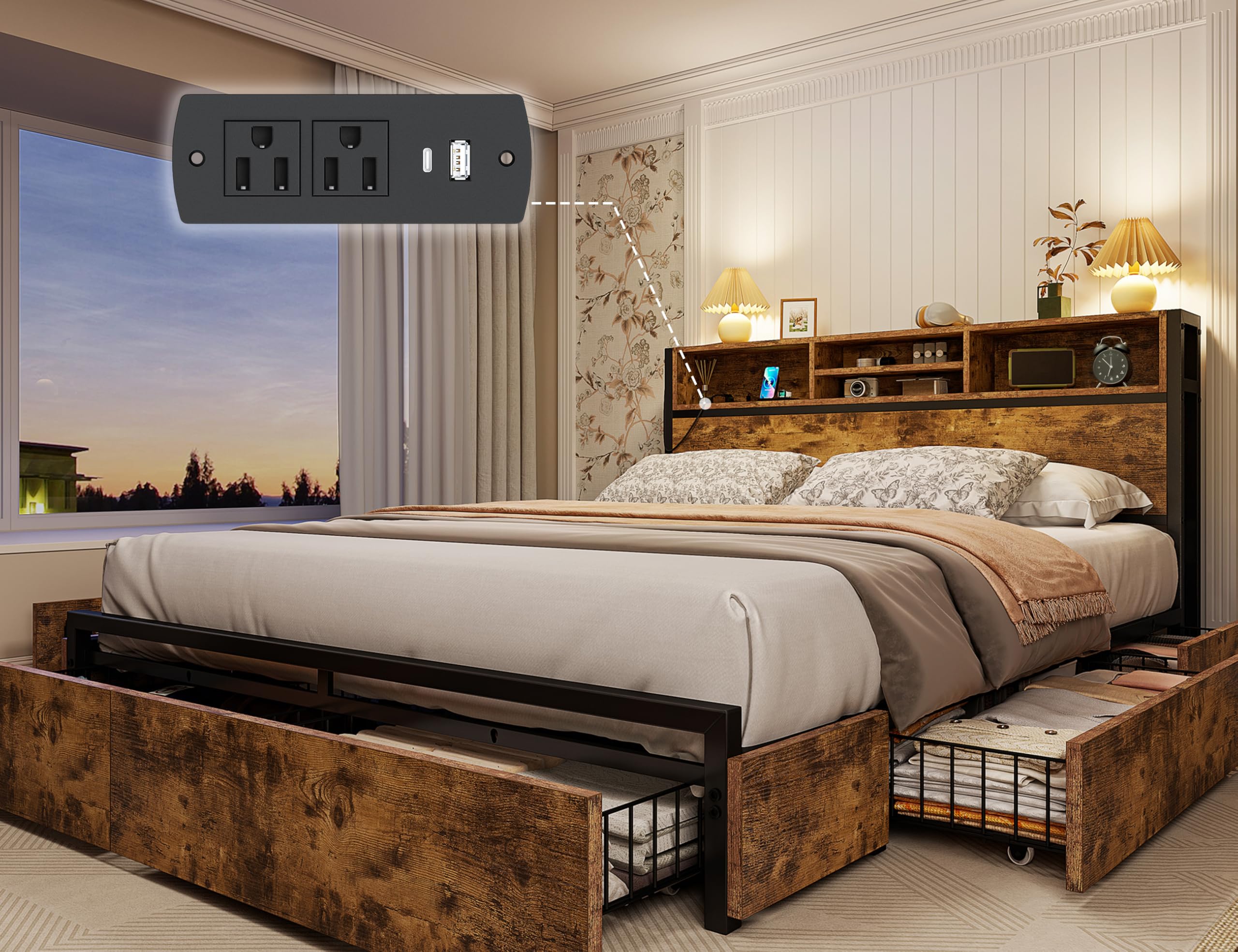 Queen Bed Frame with 6 Storage Drawers, Bed Frame Queen Size with Headboard