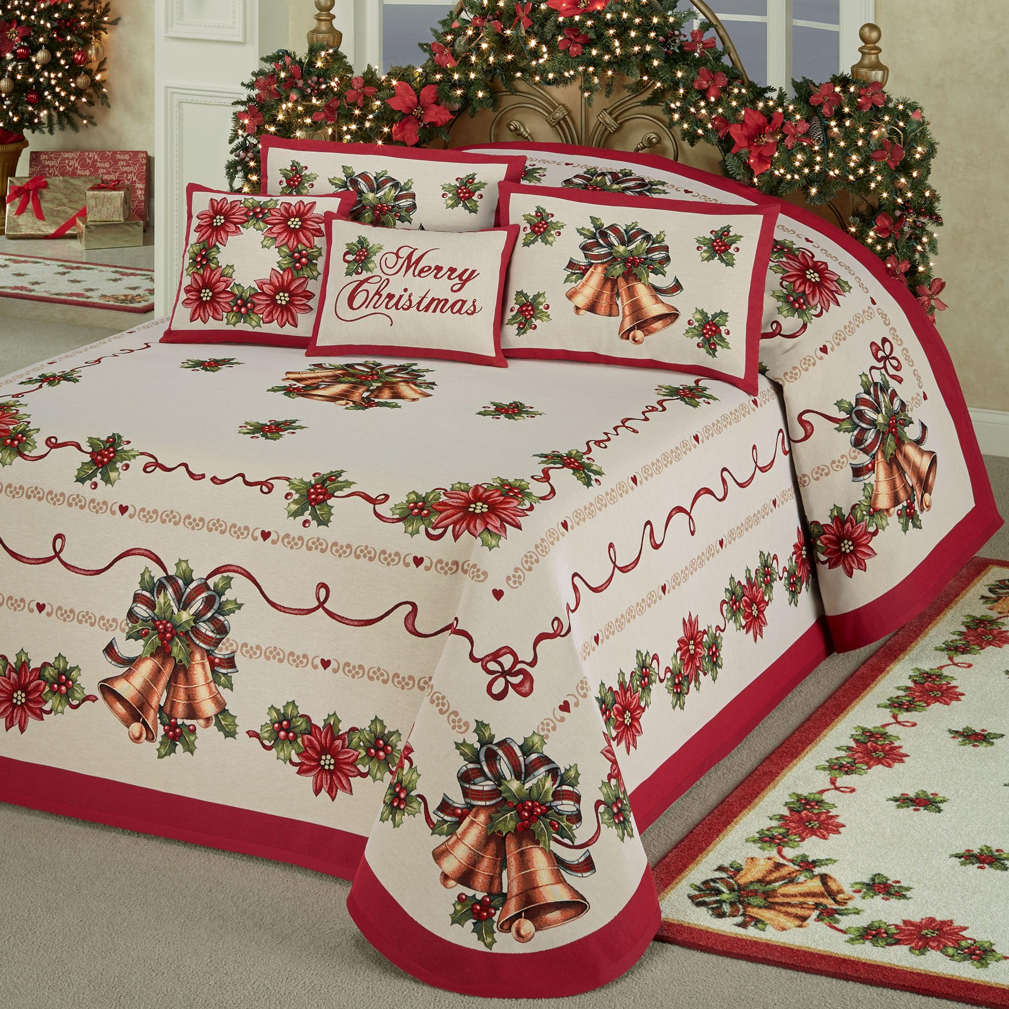 Holiday Bells Luxury Bedding | Lightweight Woven Jacquard Tapestry Style Christmas
