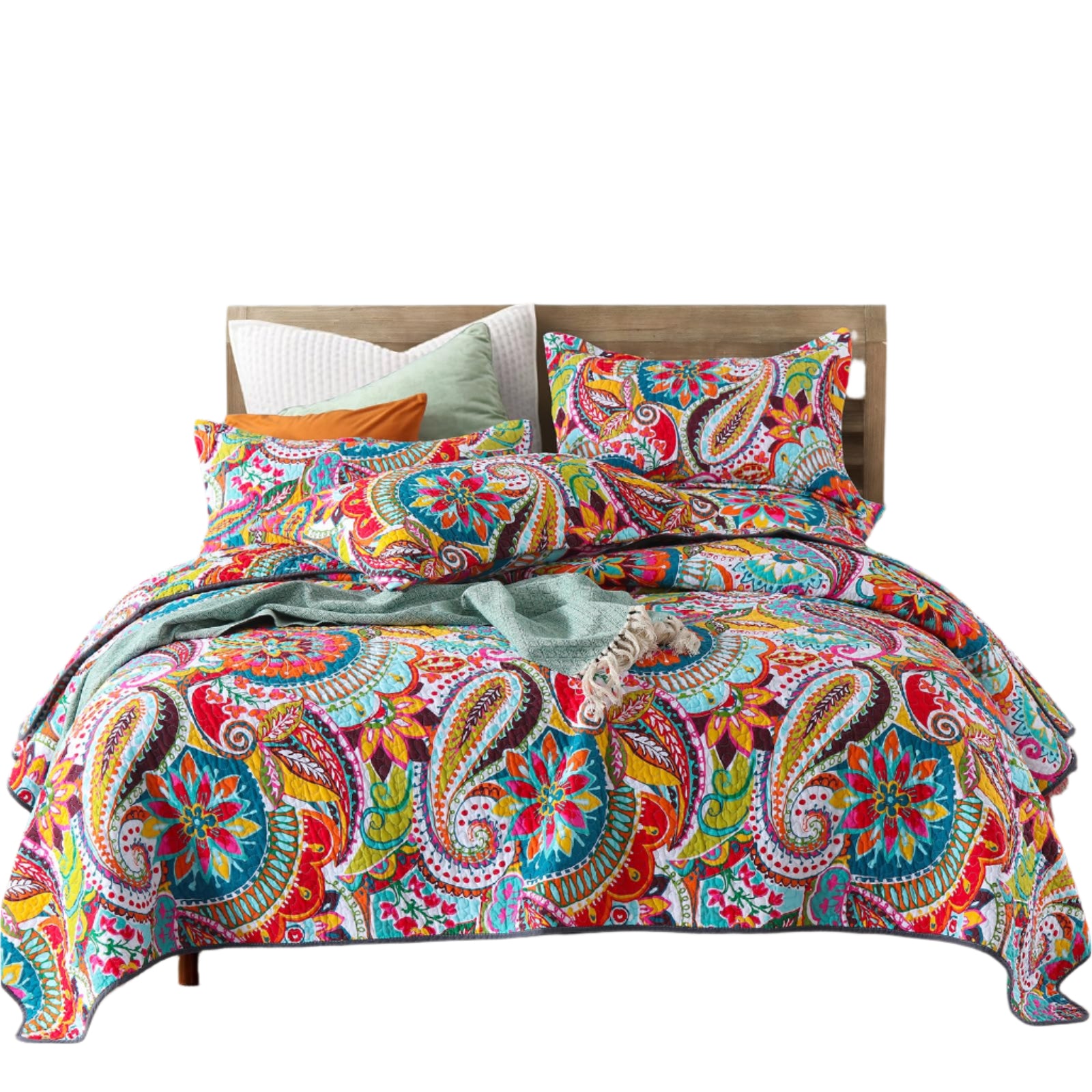 California King Quilt, Boho Paisley Pattern Colorful Cotton Quilt