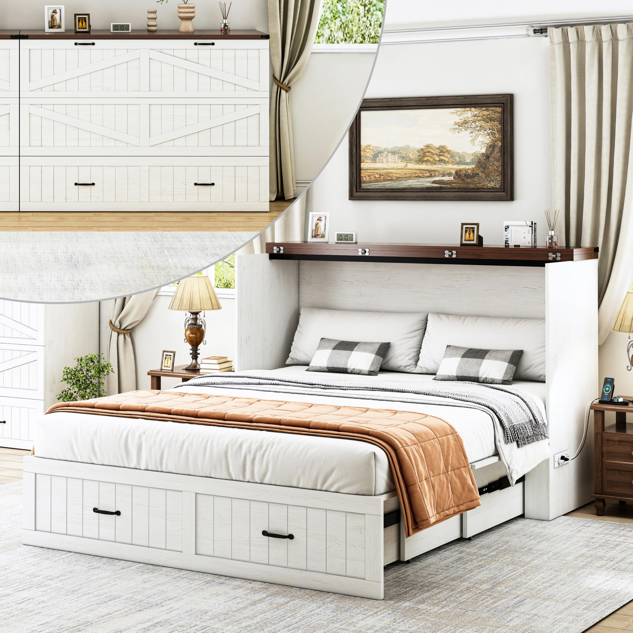 Full Murphy Bed with Storage & Charging Station, Farmhouse Murphy Cabinet Bed