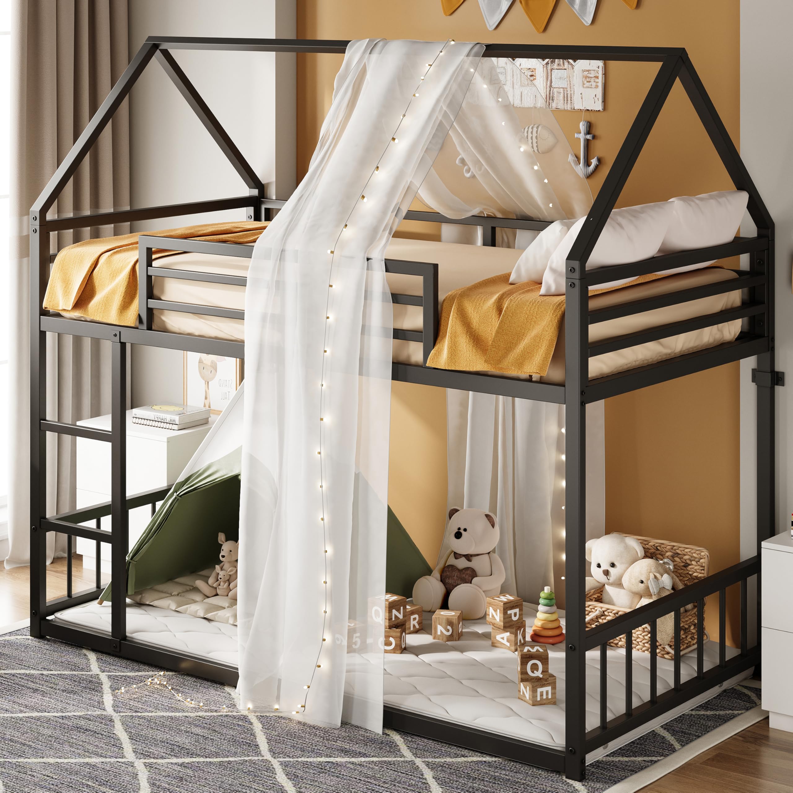 Bunk Bed Twin XL Over Twin XL, Metal Bunk Bed Frame with Ladder