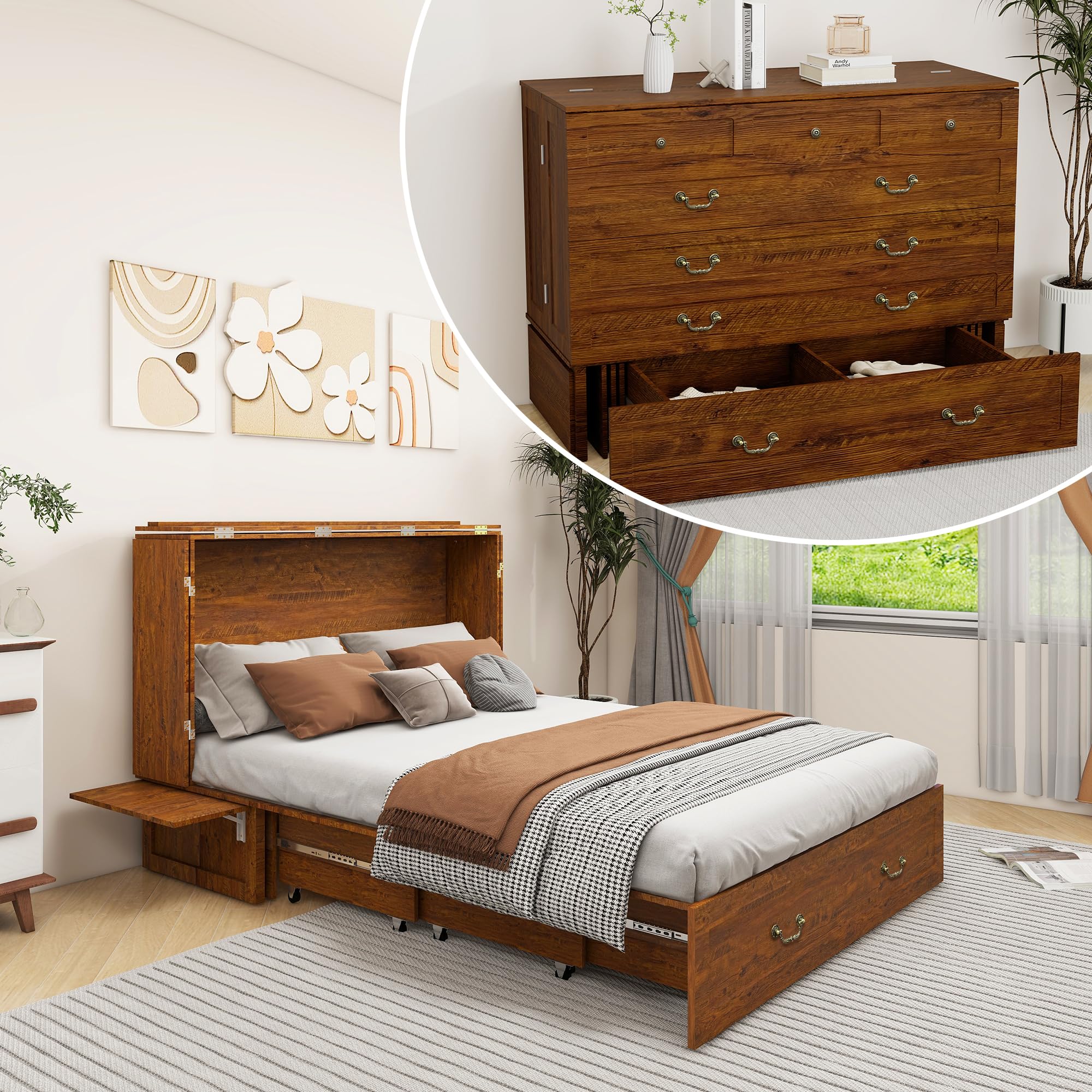 Queen Murphy Bed, Murphy Bed Cabinet with 2 USB & 2 Charging Ports