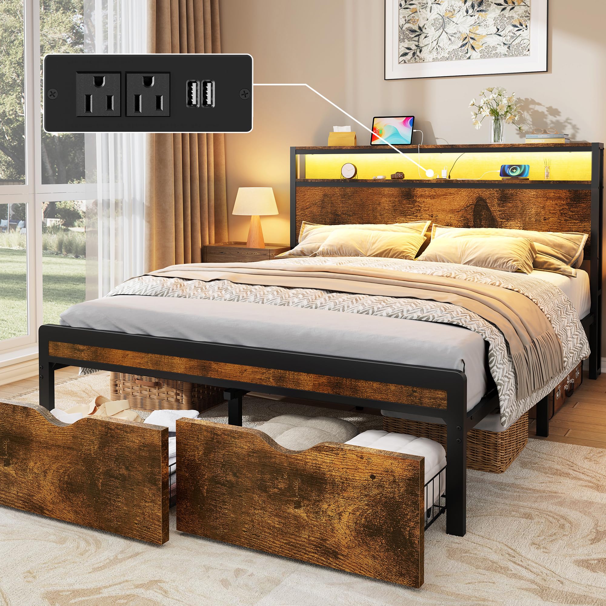 Queen Bed Frame with 2-Tier Headboard, Metal Platform Bed Frame