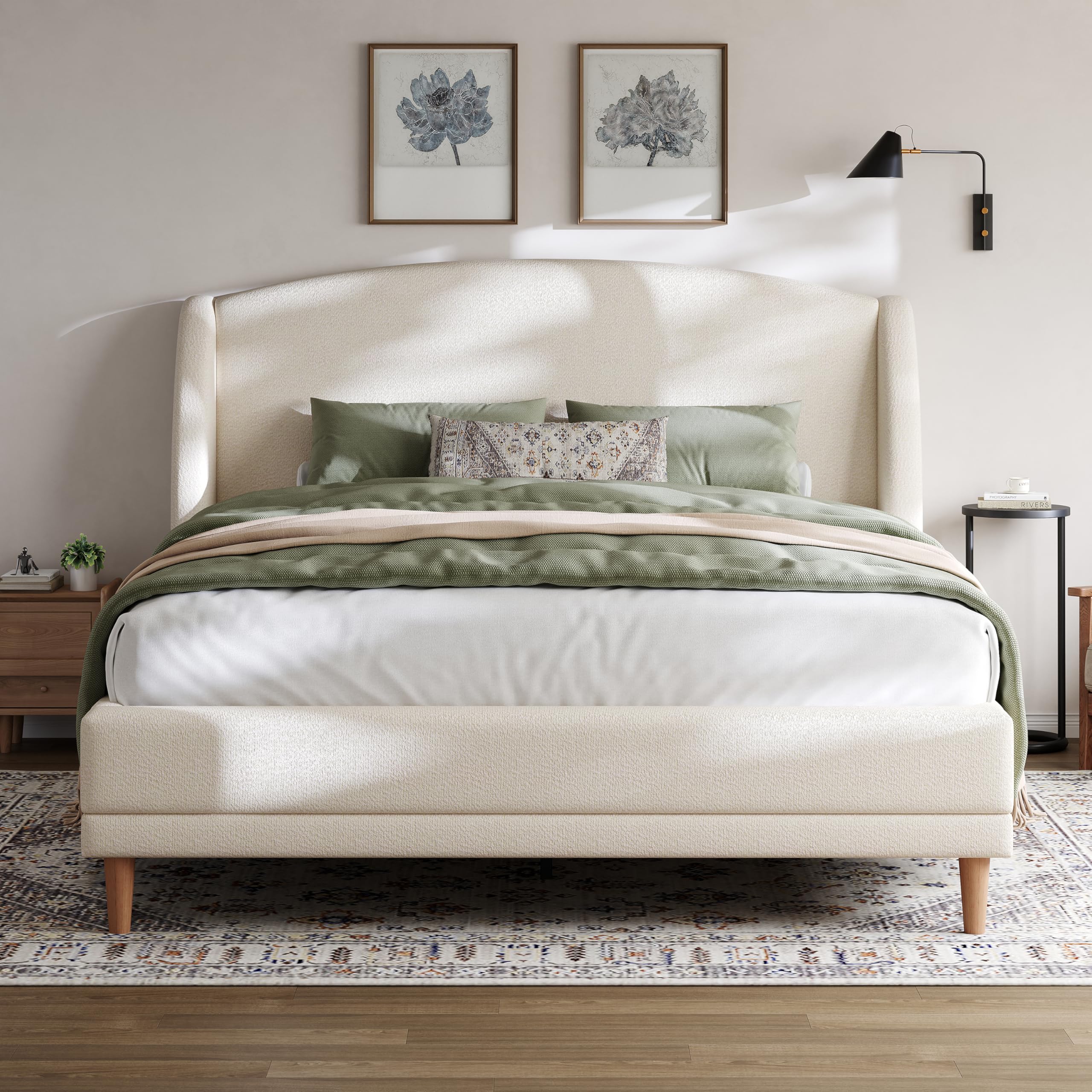 Queen Size Upholstered Platform Bed, Boucle Fabric and Wingback Headboard