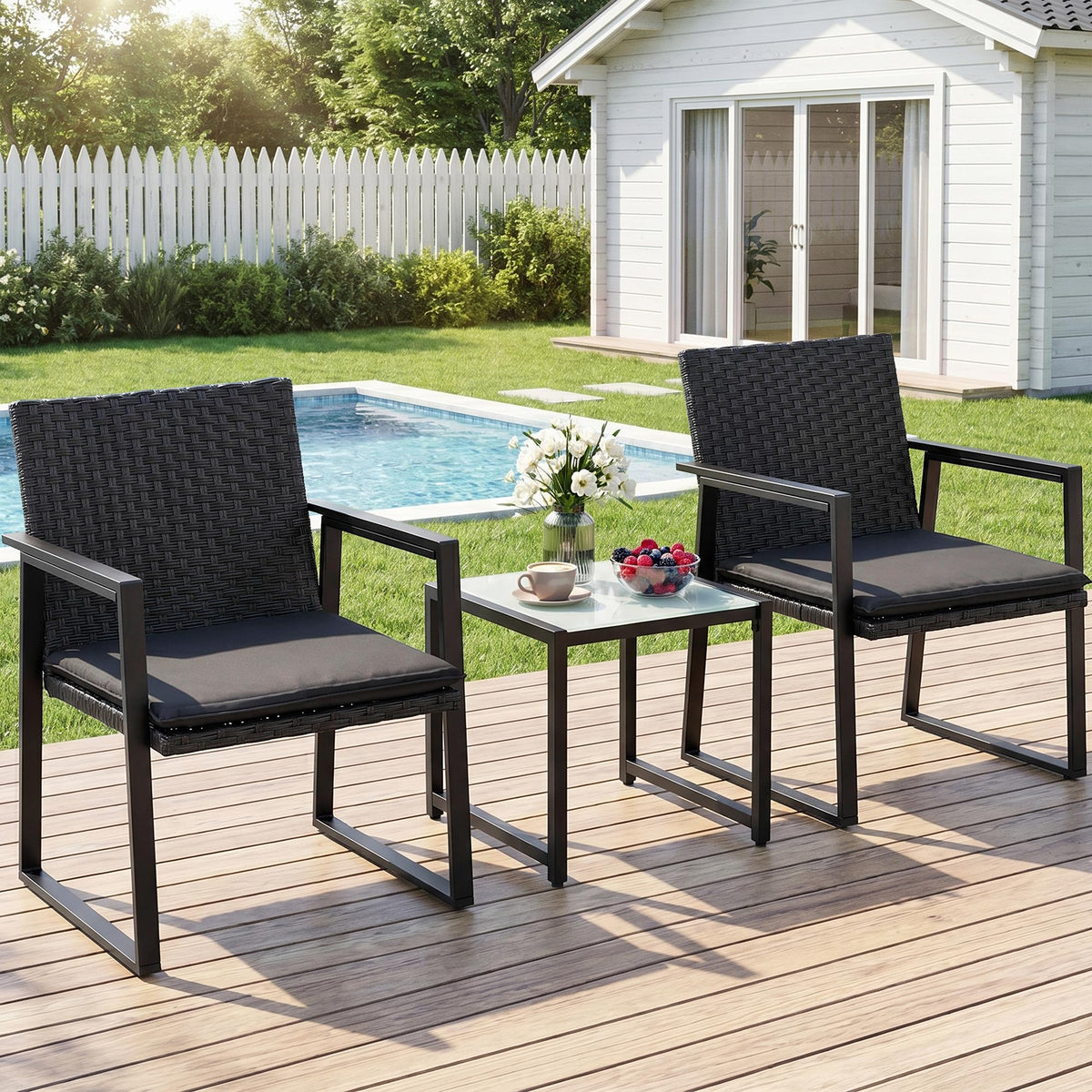 3-Piece Outdoor Wicker Bistro Set with Cushioned Chairs & Glass Coffee Table