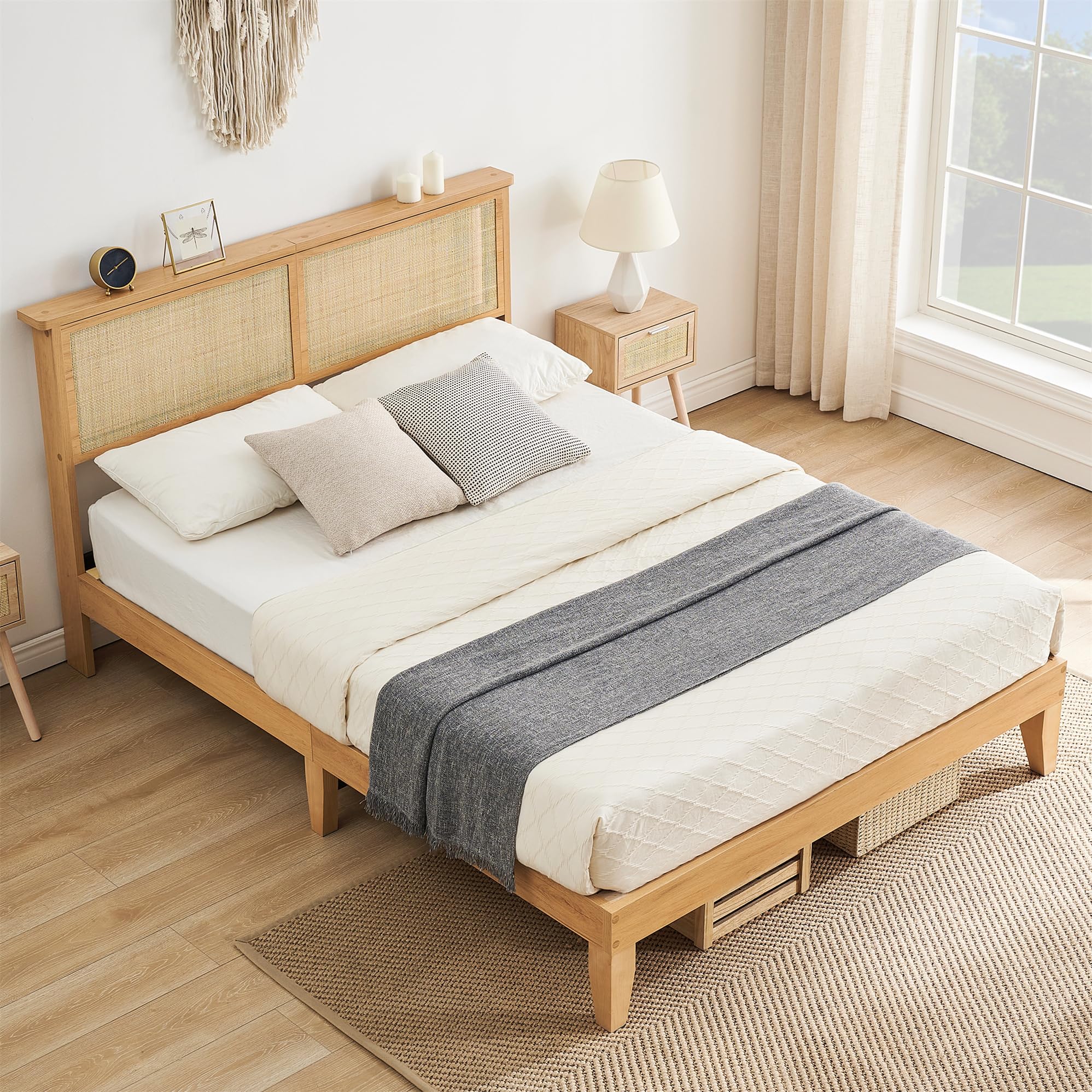 12.4 Inch Deluxe Solid Wood Full Bed Frame with Natural Rattan Headboard