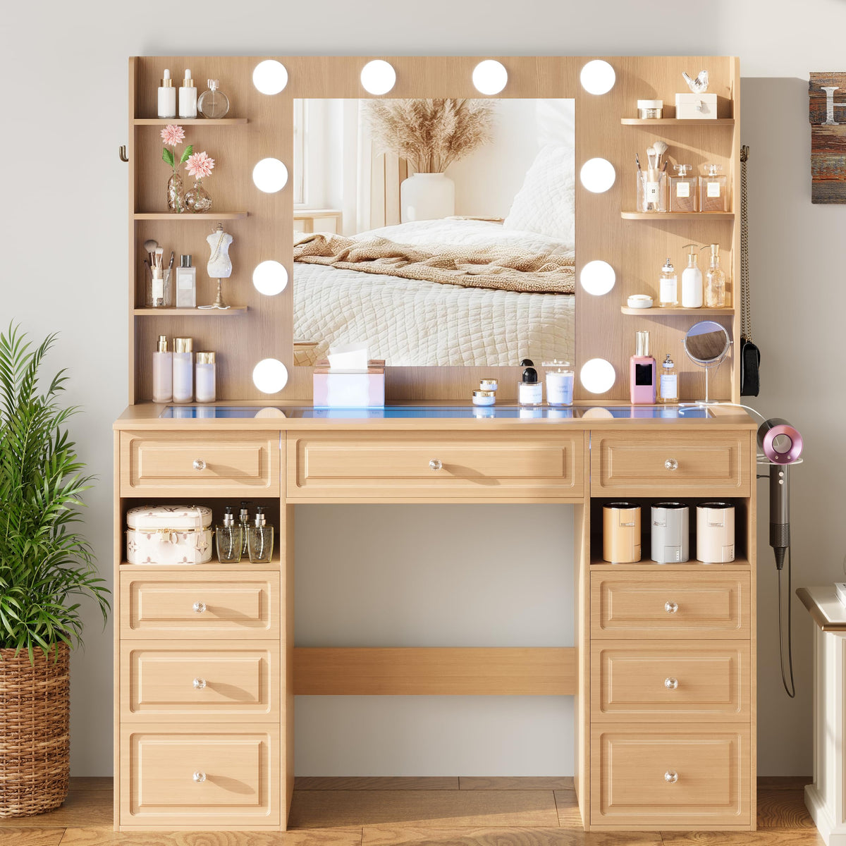 Lighted Vanity Desk with Mirror & Storage