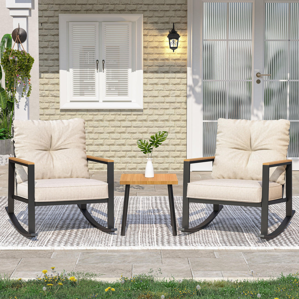 3-Piece Outdoor Rocking Patio Bistro Set with Deep Seat Cushions