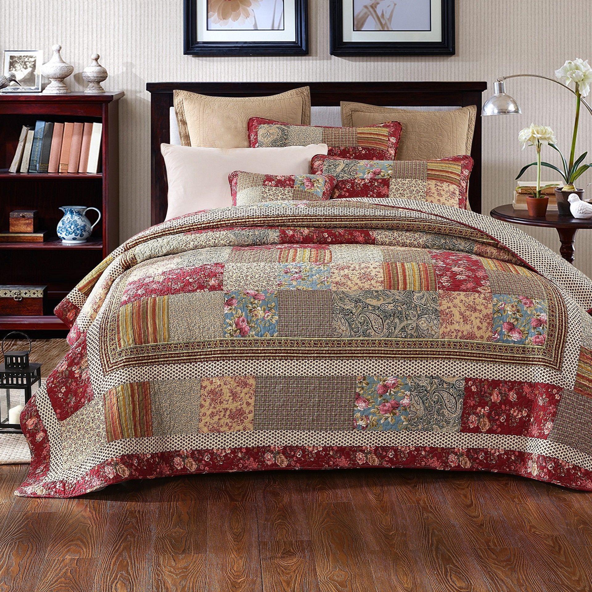 Cotton Patchwork Country Farm Cottage Vintage Antique Ditsy Floral Paisley Burgundy