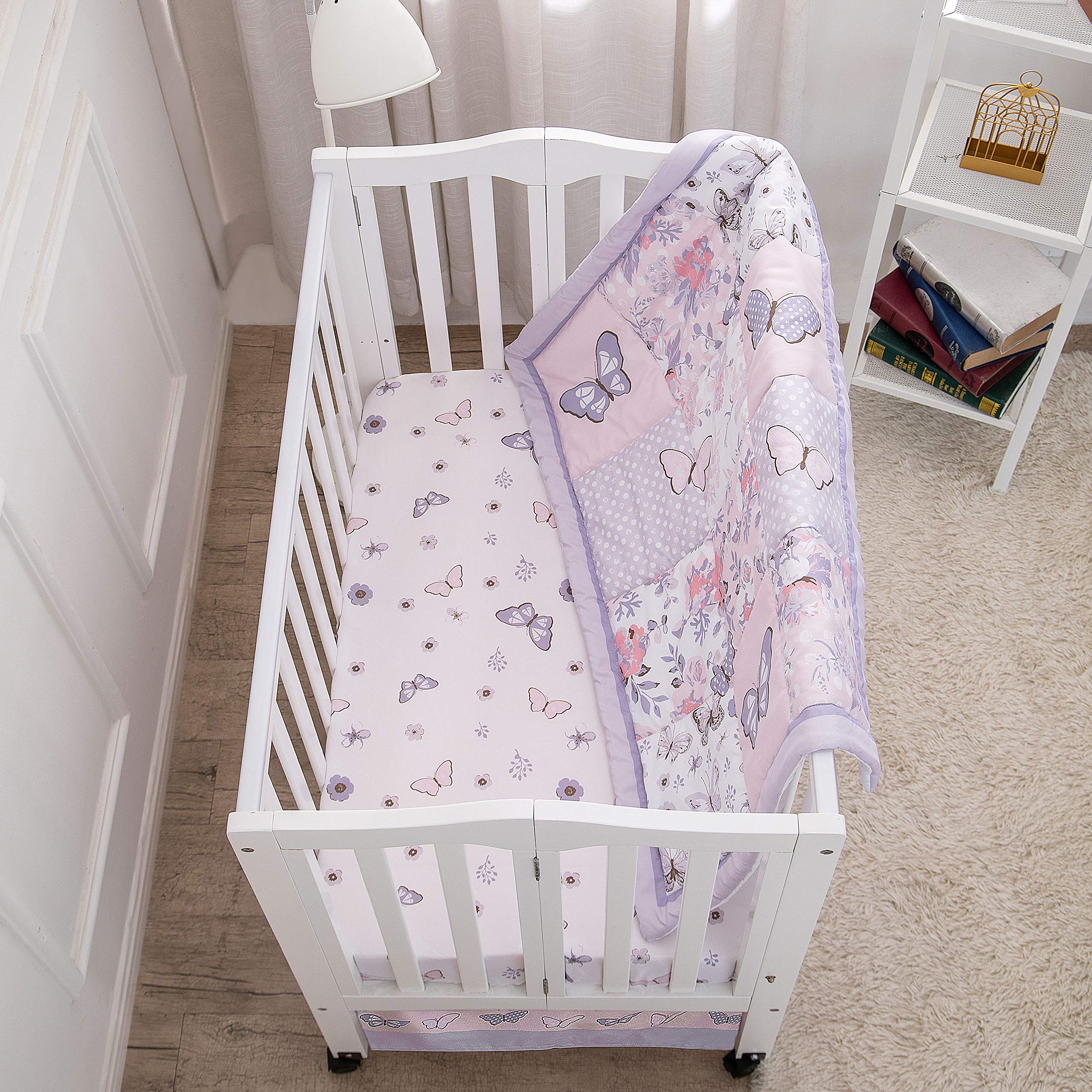 La Premura Baby Mini Crib Bedding Set for Girls, Pastel Purple Butterfly, 3 Piece Crib Set for Nursery Portable Crib, Purple and Pink
