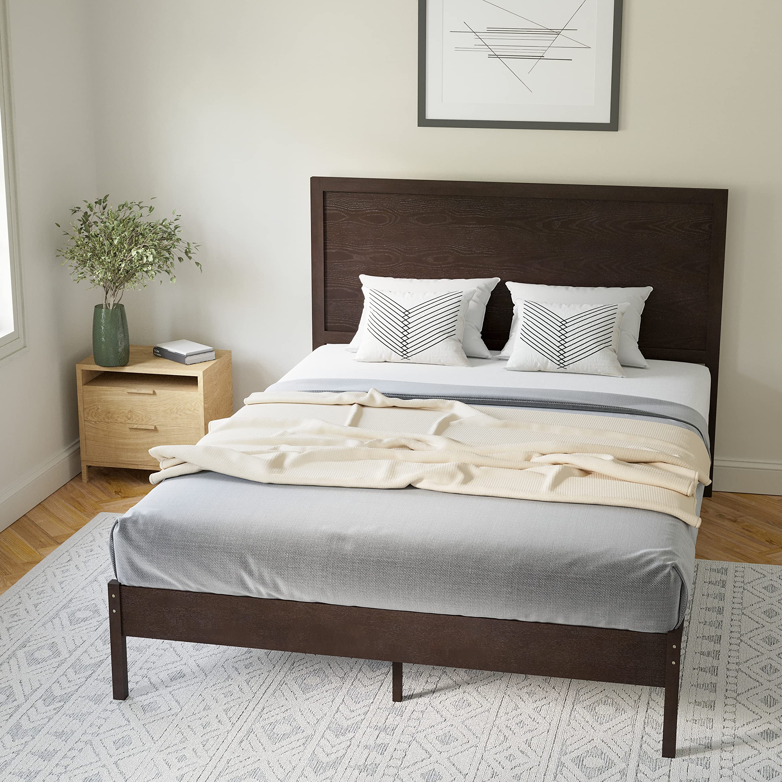 Asher Solid Wood Platform Bed with Wooden Slats and Headboard