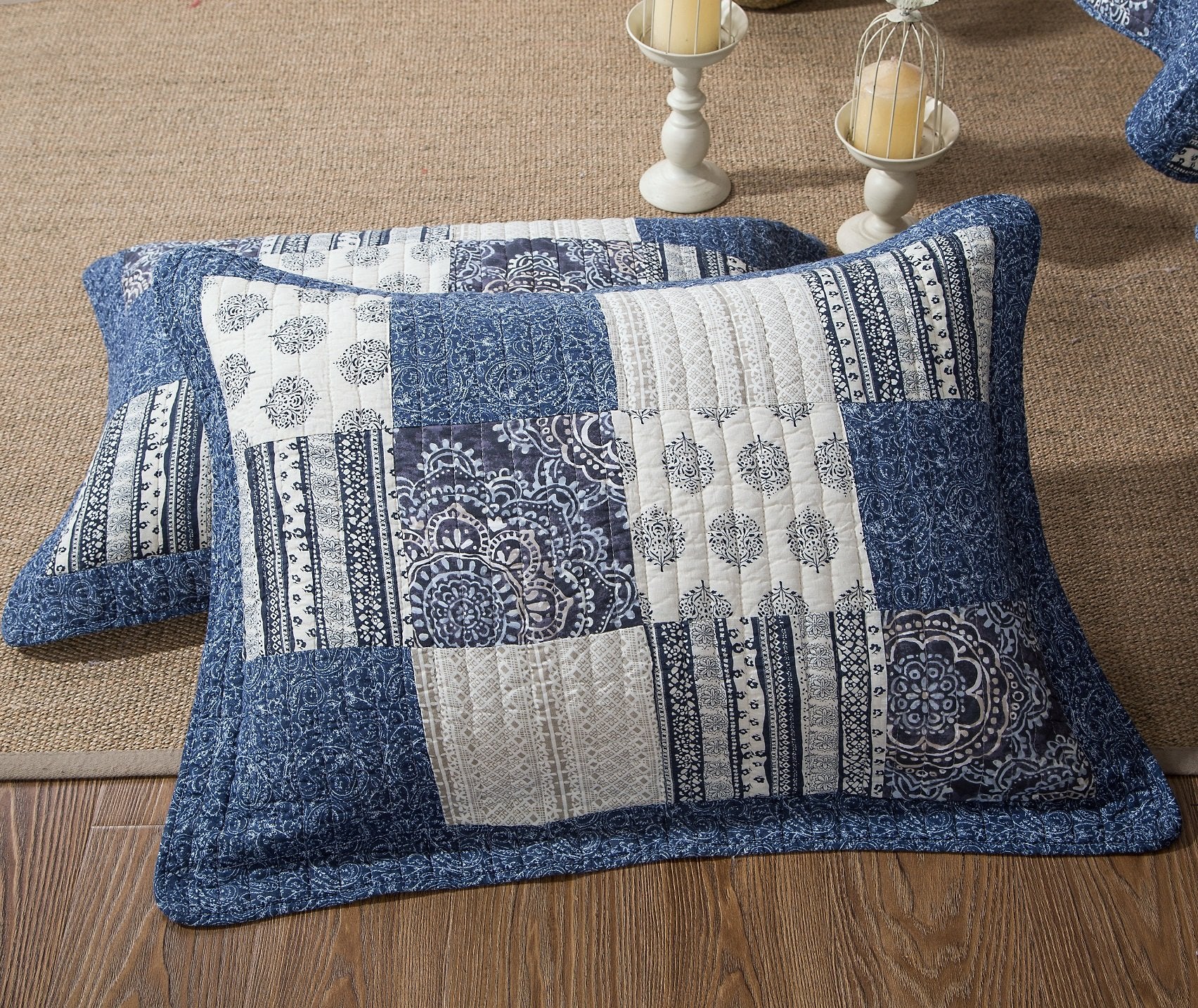 Denim Blue Elegance Patchwork Floral Bedspread Set - 100% Cotton Boho Chic