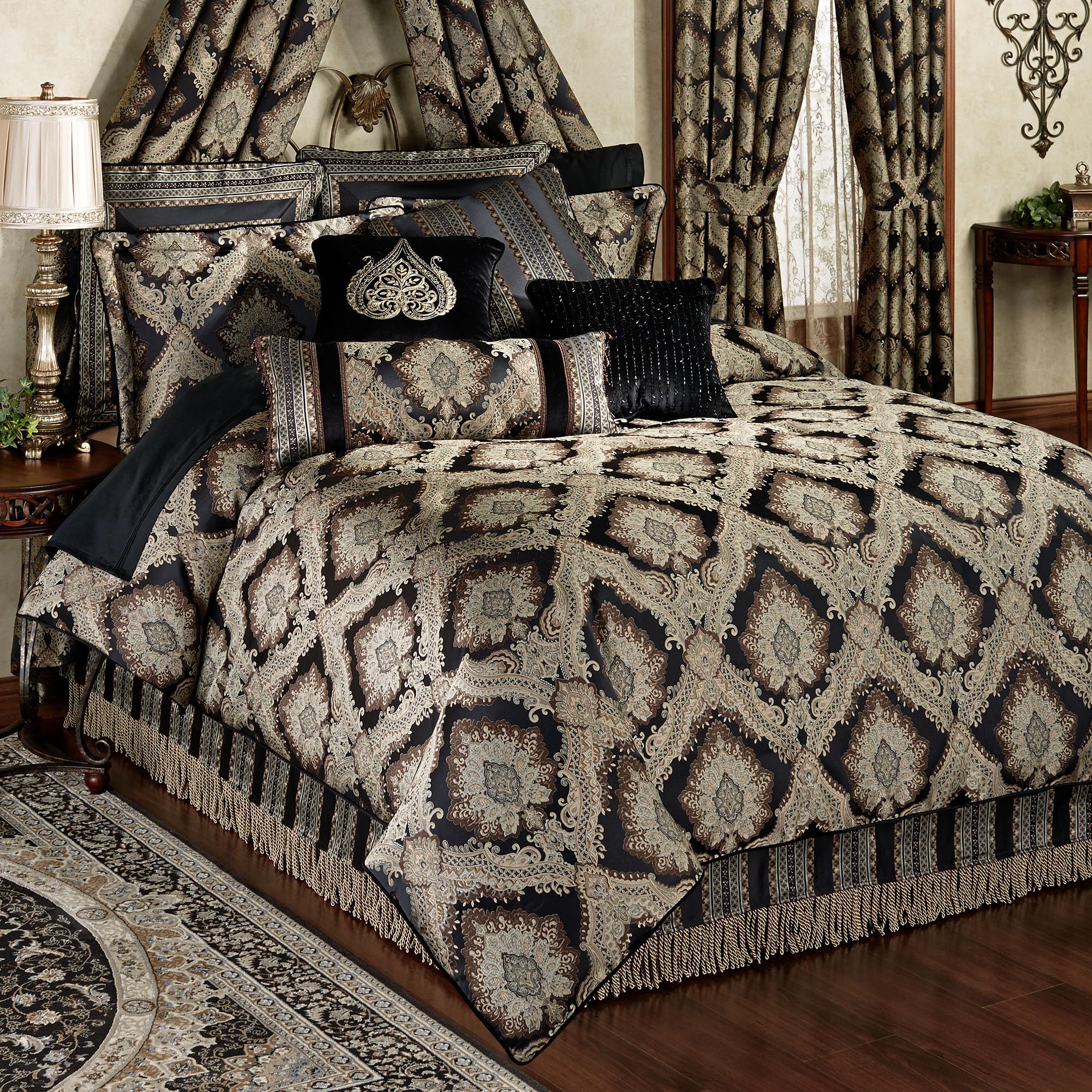 Fenmore Damask Medallion Oversized Luxury Bedding | Rich Black Taupe Silver