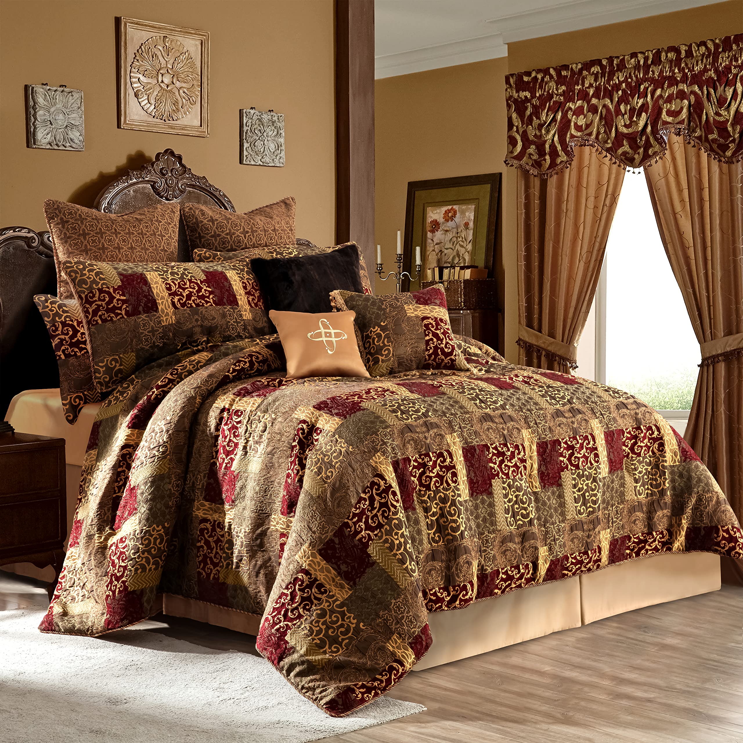 9-Piece Jacquard Luxury Traditional Patchwork Comforter Sets, Ultra Soft Bedding with Euro Shams, Bedskirt, Filled Decorative Pillow for Home (Loong, King),Red Gold