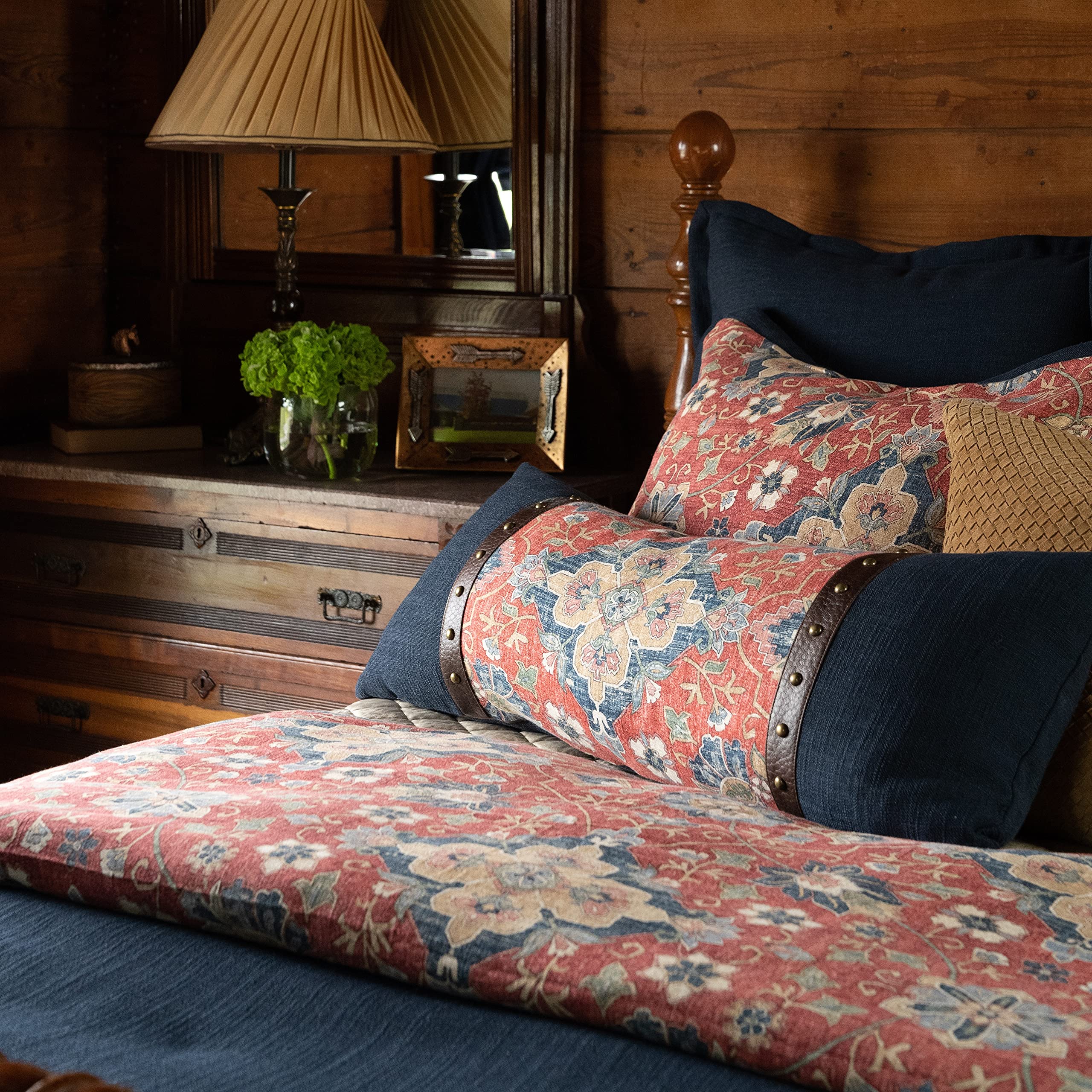 Washed Linen Melinda Lumbar Floral Pillow, 14x36 inch, Navy Blue and Red