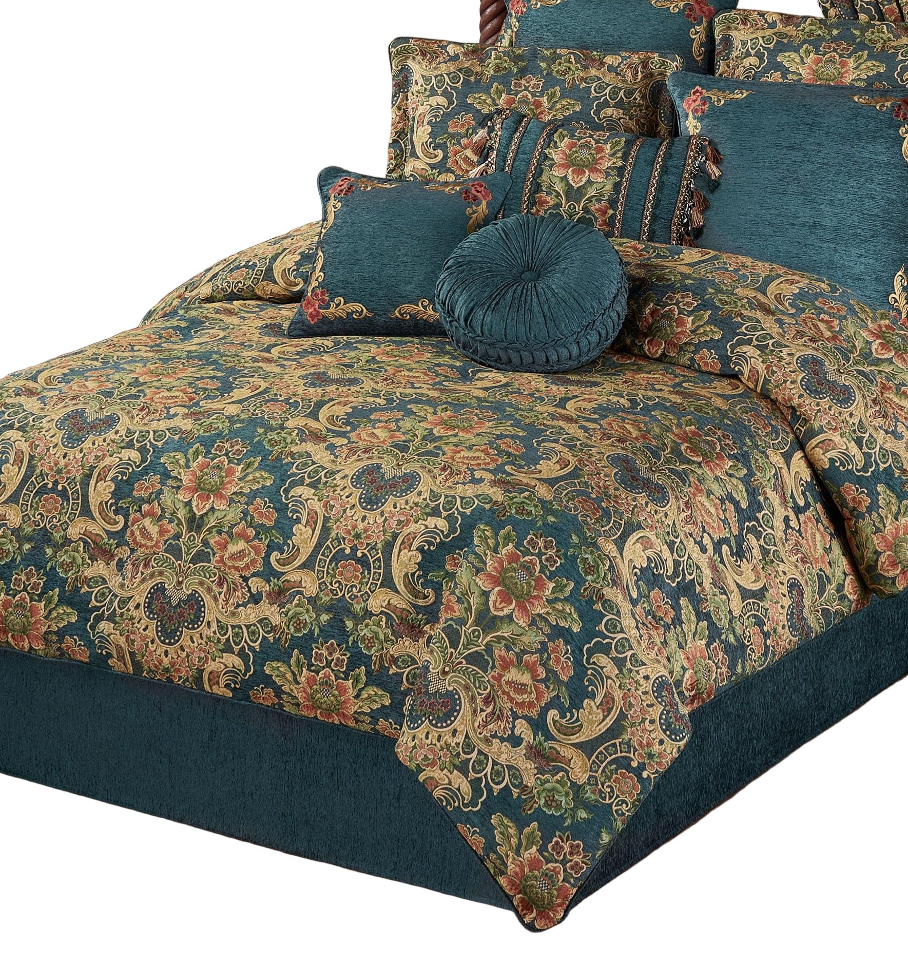 Chateau Luxury Bedding | Dark Teal Chenille | Colorful Jacobean Florals | 11 Pc Set
