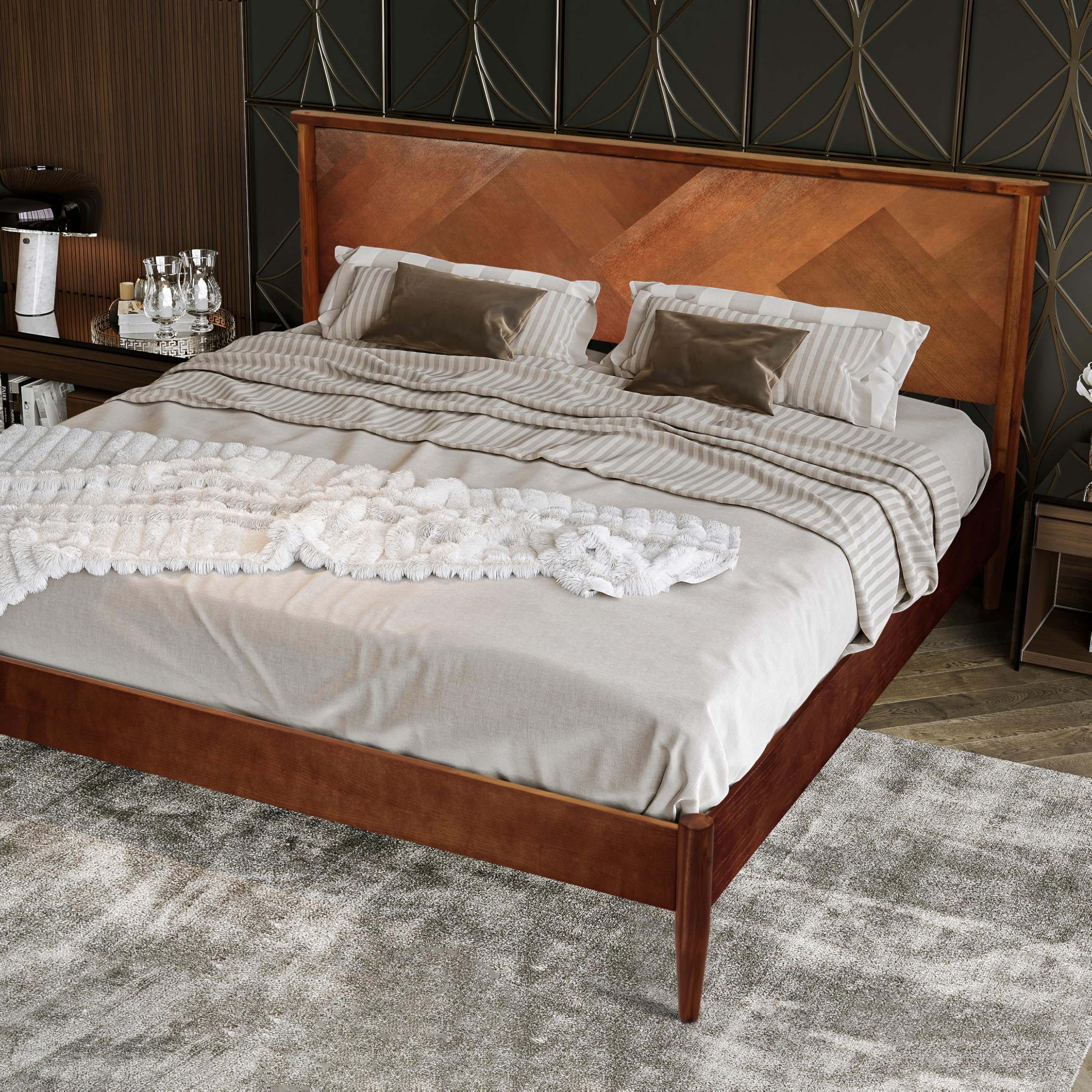 Panthera Bed Frame with Headboard Solid Wood Platform Bed, Artisan Signature