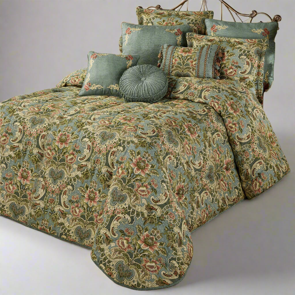 Calais Chateau Traditional Luxury Bedding | Soft Teal Chenille | Colorful Pastel Woven