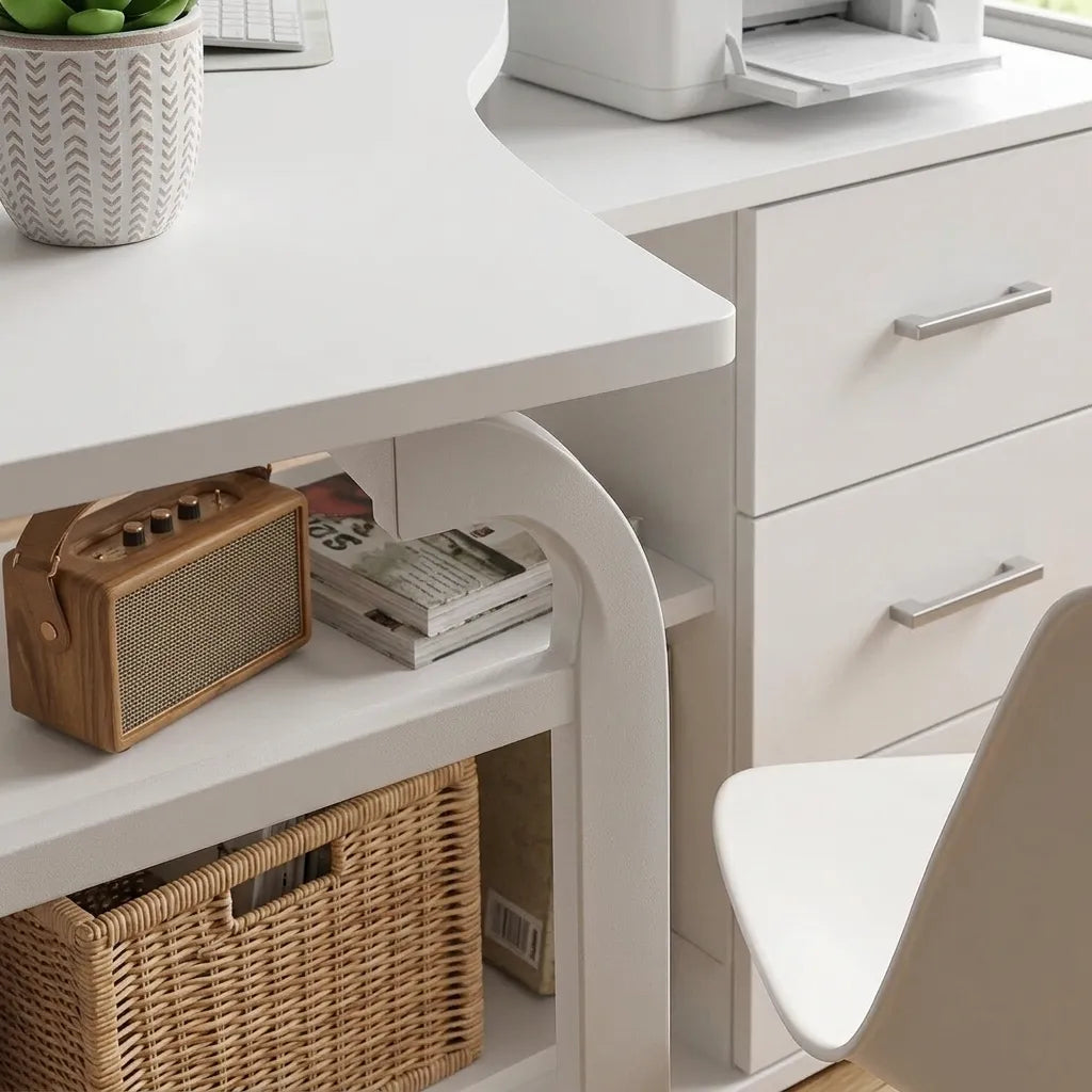 L-Shaped Desk with Drawers, Shelves & Monitor Stand